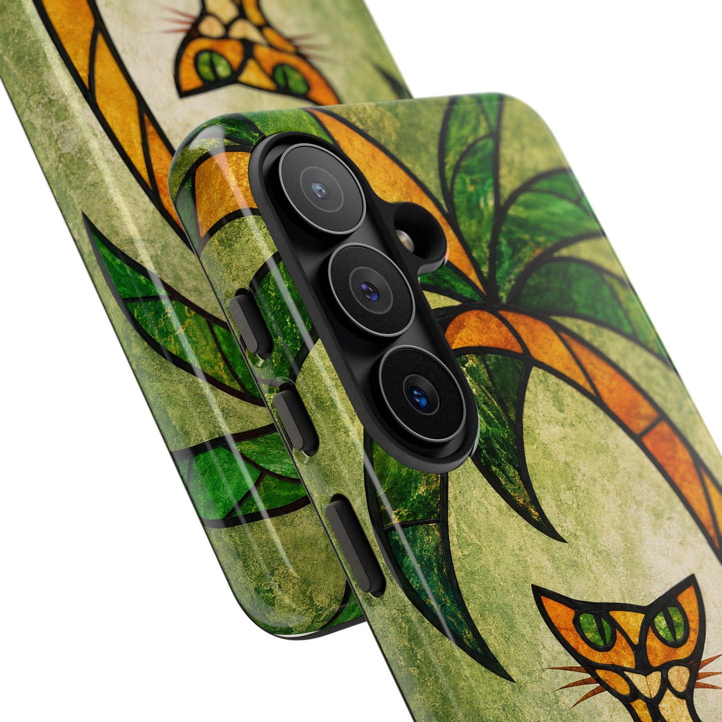 Orange Cat Stained Glass Phone Case – Tropical Palm Tree Art Nouveau Tough Case