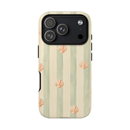 Coastal Shell Phone Case, Beach Aesthetic Tough Case, Summer Seashell iPhone Case, Sage Green Stripe Phone Cover,