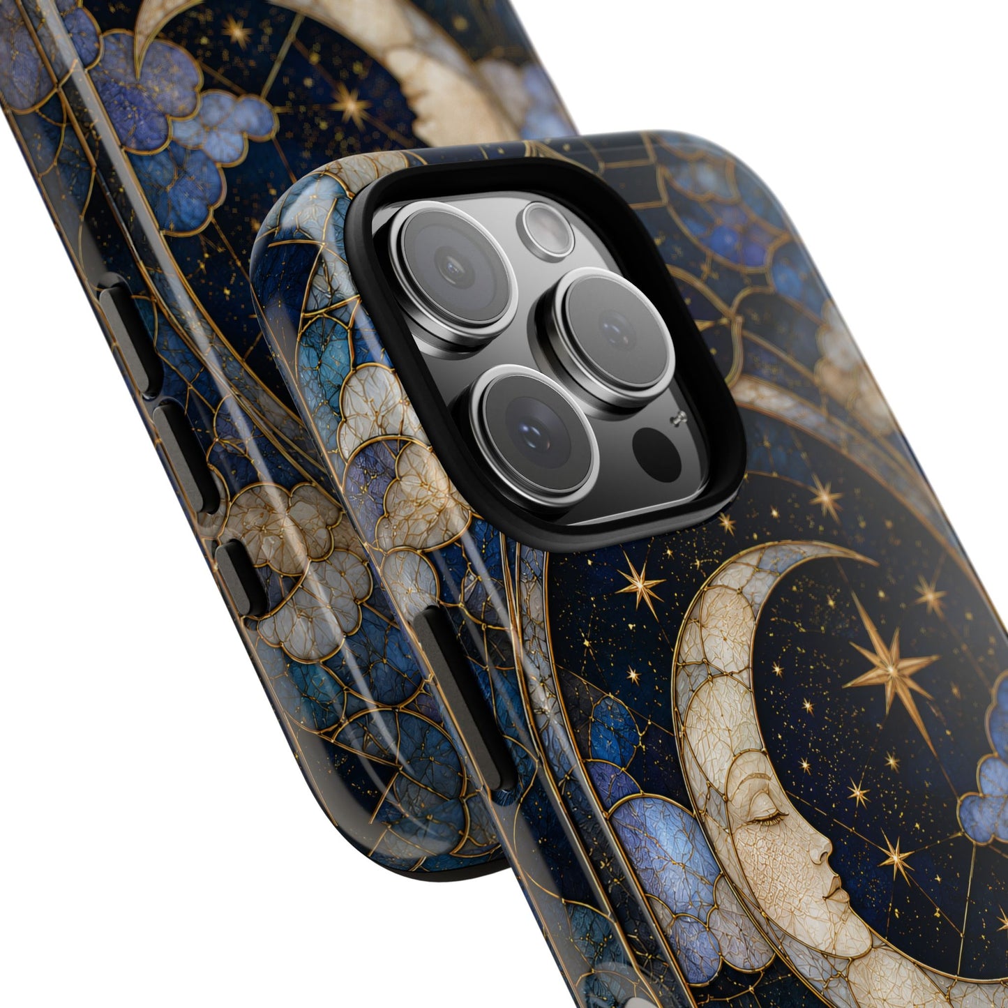 Celestial Moon Phone Case, Stained Glass Moon Case, Blue Gold Starry Night Phone Cover, Mystical Crescent Moon Case, Witchy Aesthetic Gift