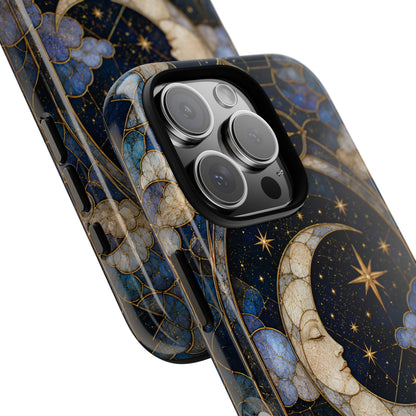 Celestial Moon Phone Case, Stained Glass Moon Case, Blue Gold Starry Night Phone Cover, Mystical Crescent Moon Case, Witchy Aesthetic Gift
