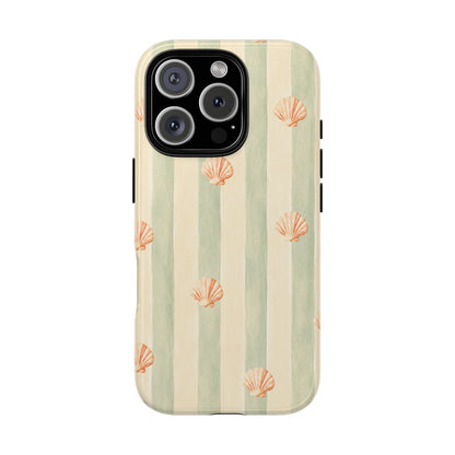Coastal Shell Phone Case, Beach Aesthetic Tough Case, Summer Seashell iPhone Case, Sage Green Stripe Phone Cover,