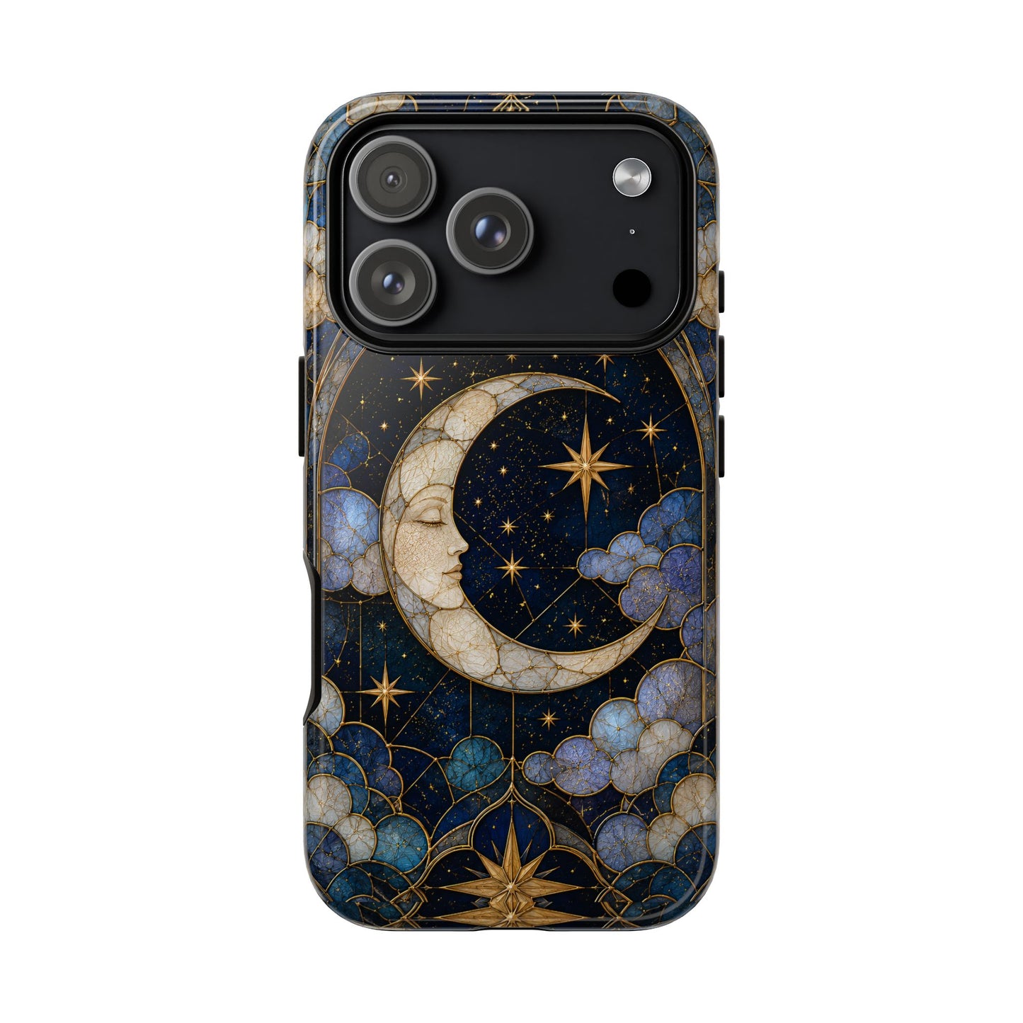 Celestial Moon Phone Case, Stained Glass Moon Case, Blue Gold Starry Night Phone Cover, Mystical Crescent Moon Case, Witchy Aesthetic Gift