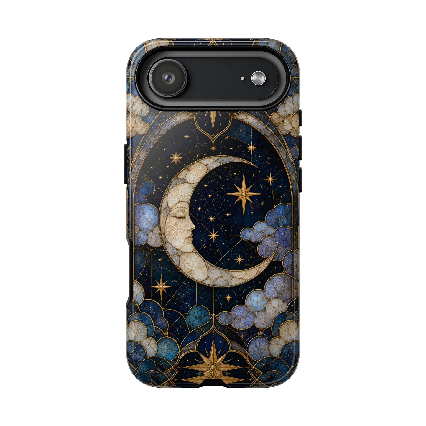 Celestial Moon Phone Case, Stained Glass Moon Case, Blue Gold Starry Night Phone Cover, Mystical Crescent Moon Case, Witchy Aesthetic Gift