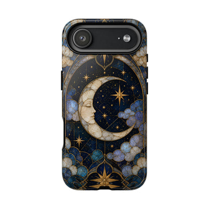 Celestial Moon Phone Case, Stained Glass Moon Case, Blue Gold Starry Night Phone Cover, Mystical Crescent Moon Case, Witchy Aesthetic Gift
