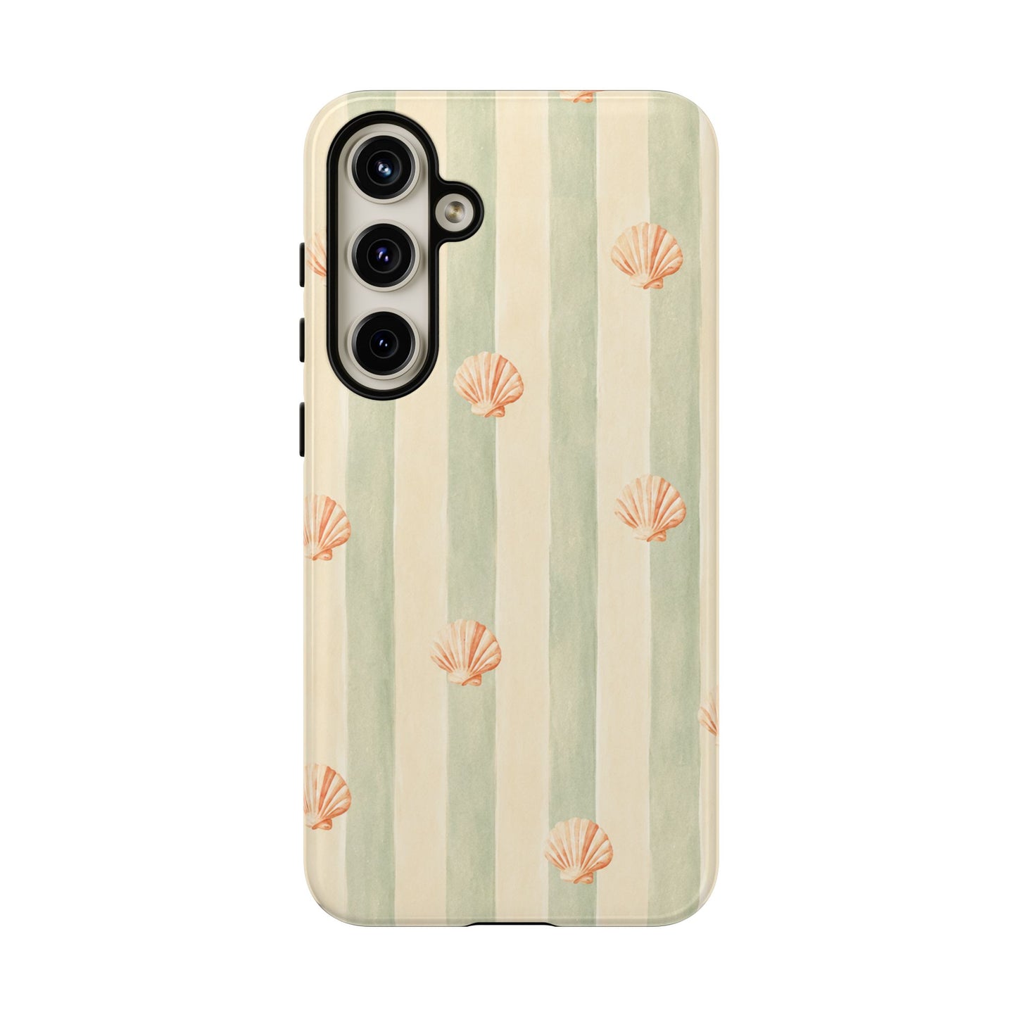 Coastal Shell Phone Case, Beach Aesthetic Tough Case, Summer Seashell iPhone Case, Sage Green Stripe Phone Cover,