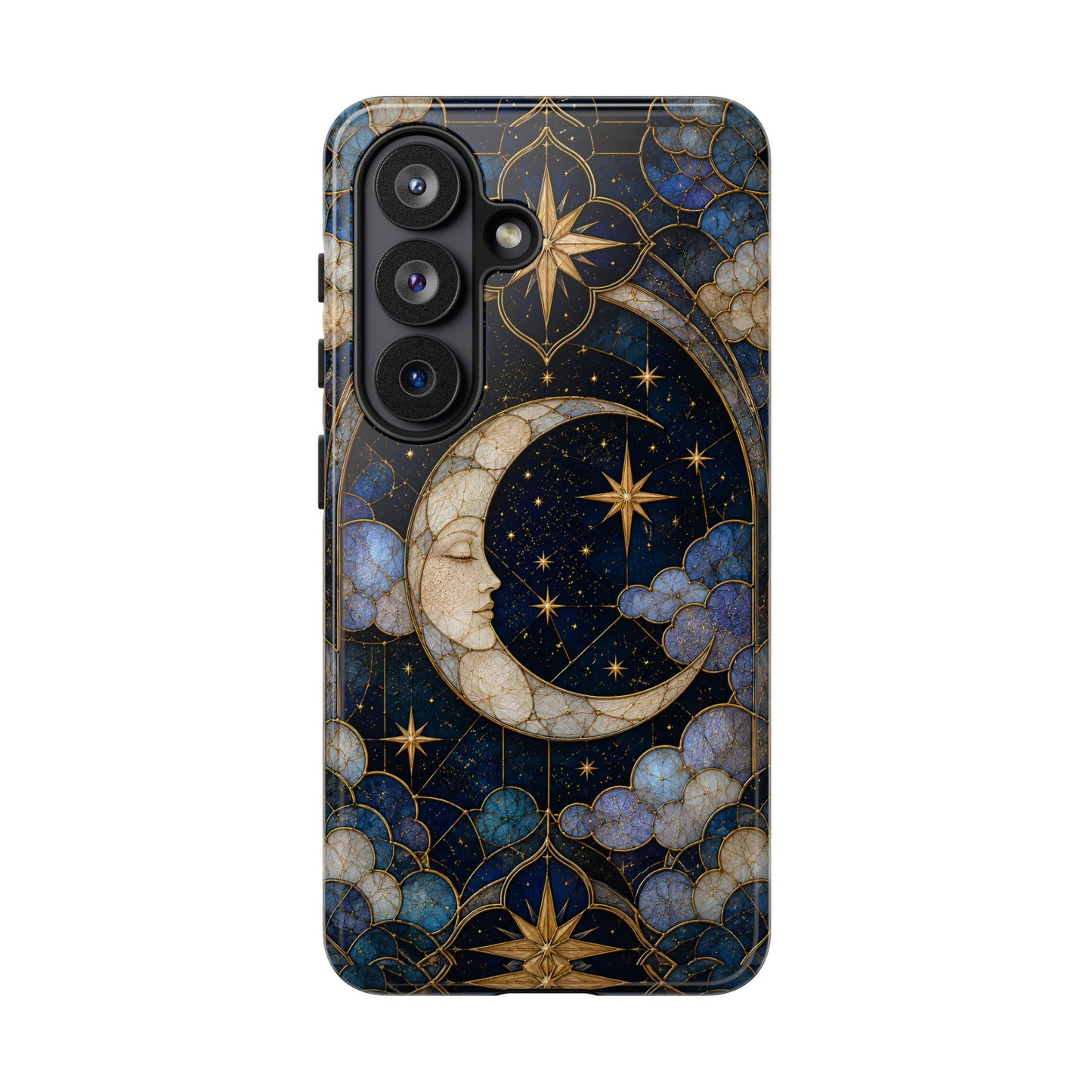 Celestial Moon Phone Case, Stained Glass Moon Case, Blue Gold Starry Night Phone Cover, Mystical Crescent Moon Case, Witchy Aesthetic Gift