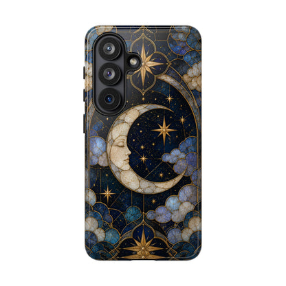 Celestial Moon Phone Case, Stained Glass Moon Case, Blue Gold Starry Night Phone Cover, Mystical Crescent Moon Case, Witchy Aesthetic Gift