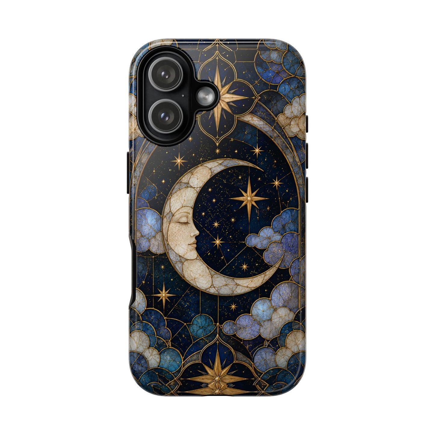 Celestial Moon Phone Case, Stained Glass Moon Case, Blue Gold Starry Night Phone Cover, Mystical Crescent Moon Case, Witchy Aesthetic Gift