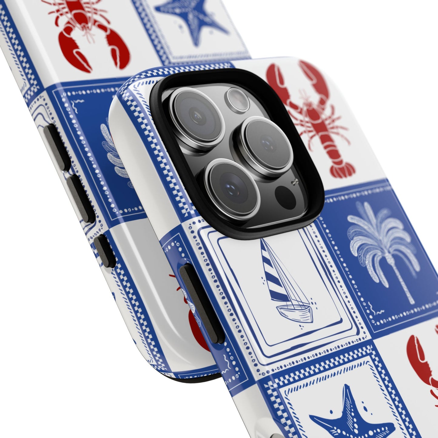 Coastal Tile Phone Case Blue White Nautical Lobster iPhone Samsung Pixel Case