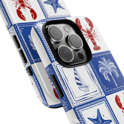 Coastal Tile Phone Case Blue White Nautical Lobster iPhone Samsung Pixel Case
