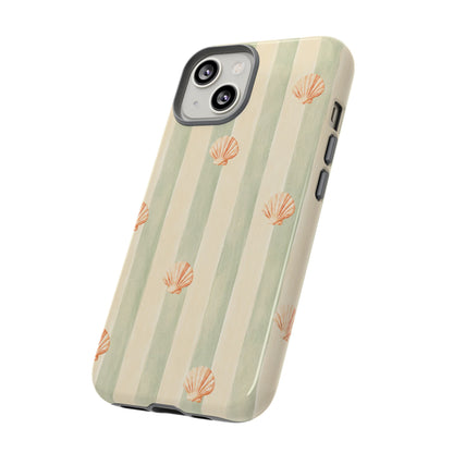 Coastal Shell Phone Case, Beach Aesthetic Tough Case, Summer Seashell iPhone Case, Sage Green Stripe Phone Cover,