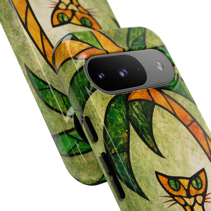 Orange Cat Stained Glass Phone Case – Tropical Palm Tree Art Nouveau Tough Case