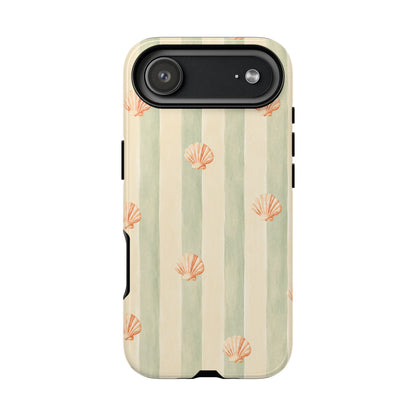 Coastal Shell Phone Case, Beach Aesthetic Tough Case, Summer Seashell iPhone Case, Sage Green Stripe Phone Cover,