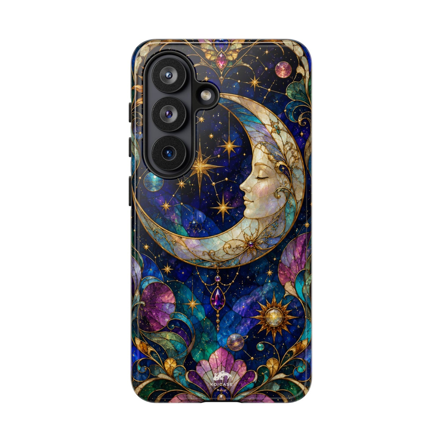 Celestial Crescent Moon Phone Case, Whimsical Stained Glass Art Nouveau Cover, Mystic Galaxy iPhone Samsung Galaxy Case, Cosmic Pixel Case