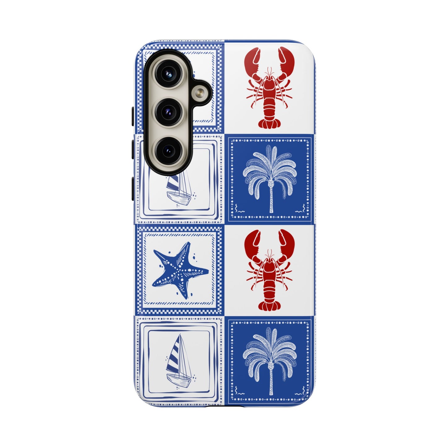 Coastal Tile Phone Case Blue White Nautical Lobster iPhone Samsung Pixel Case