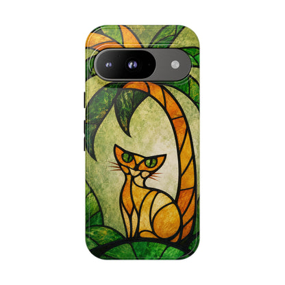 Orange Cat Stained Glass Phone Case – Tropical Palm Tree Art Nouveau Tough Case