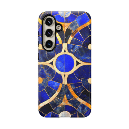 Blue Art Deco Stained Glass Phone Case Luxury Celestial Gold Pattern