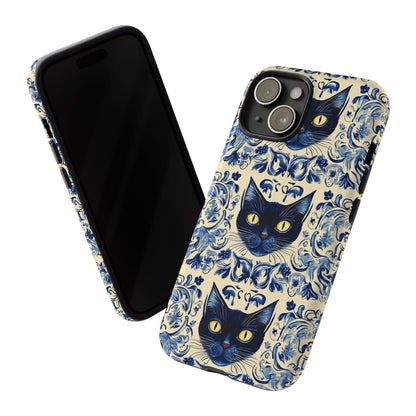 Tough Phone Cases - Mediterranean Tile Motif With Blue Cats
