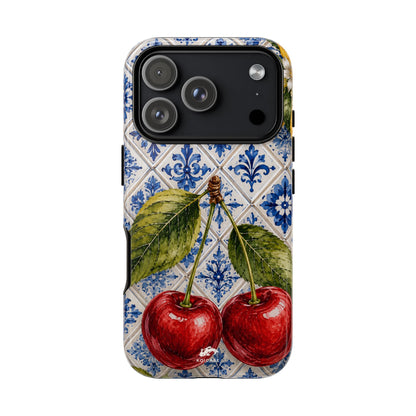 Cherry Phone Case, Portuguese Tile iPhone Case, Mediterranean Fruit Cover, Azulejo Samsung Galaxy Case, Botanical Pixel Case