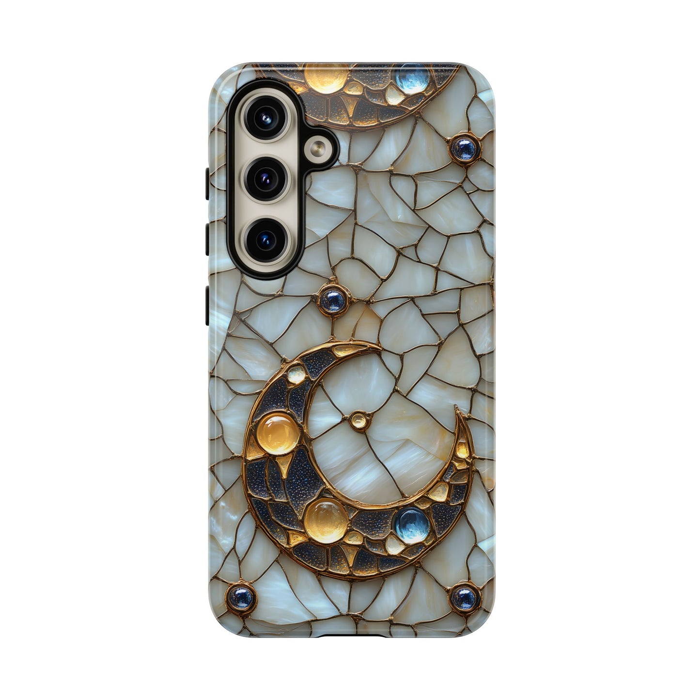 Celestial Phone Case – White Stained Glass & Gold Moon Design