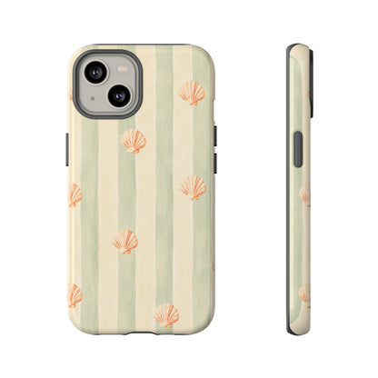 Coastal Shell Phone Case, Beach Aesthetic Tough Case, Summer Seashell iPhone Case, Sage Green Stripe Phone Cover,