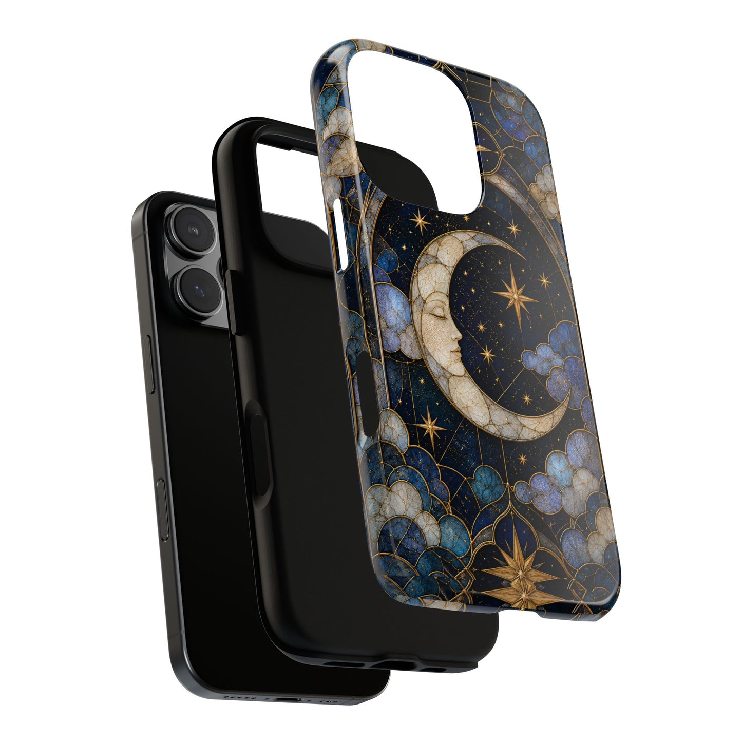 Celestial Moon Phone Case, Stained Glass Moon Case, Blue Gold Starry Night Phone Cover, Mystical Crescent Moon Case, Witchy Aesthetic Gift