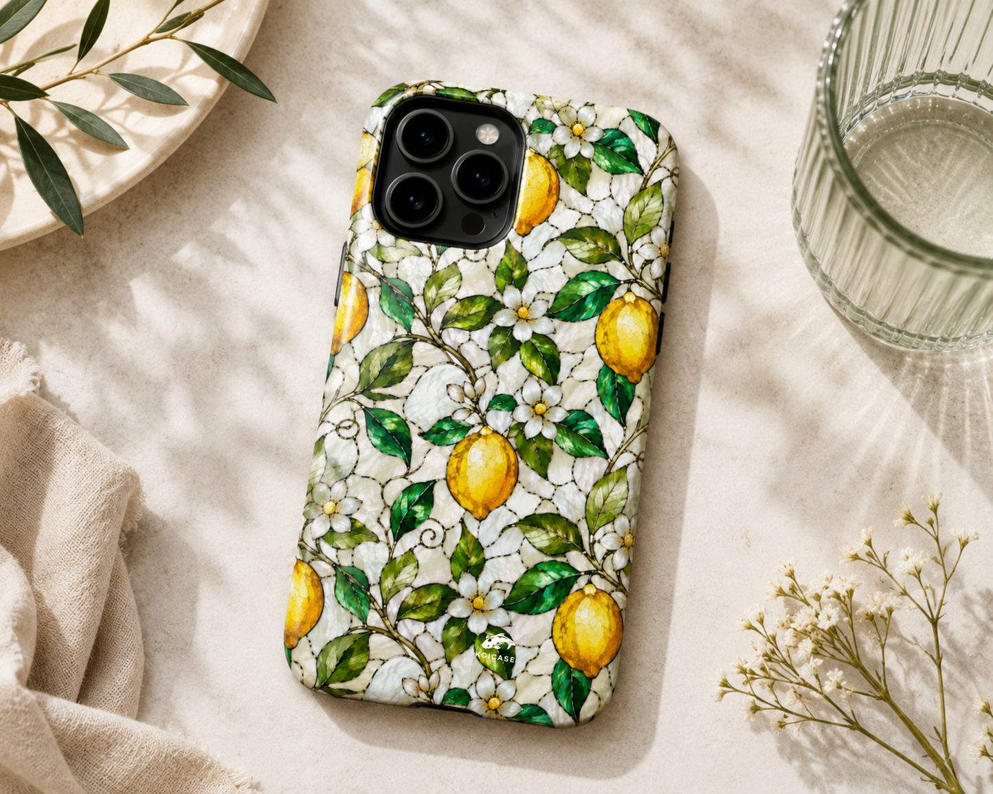 Stained Glass Lemon Phone Case, Citrus Botanical iPhone Case, Coastal Mediterranean Summer Fruits Floral Case, Art Nouveau Tough Cover