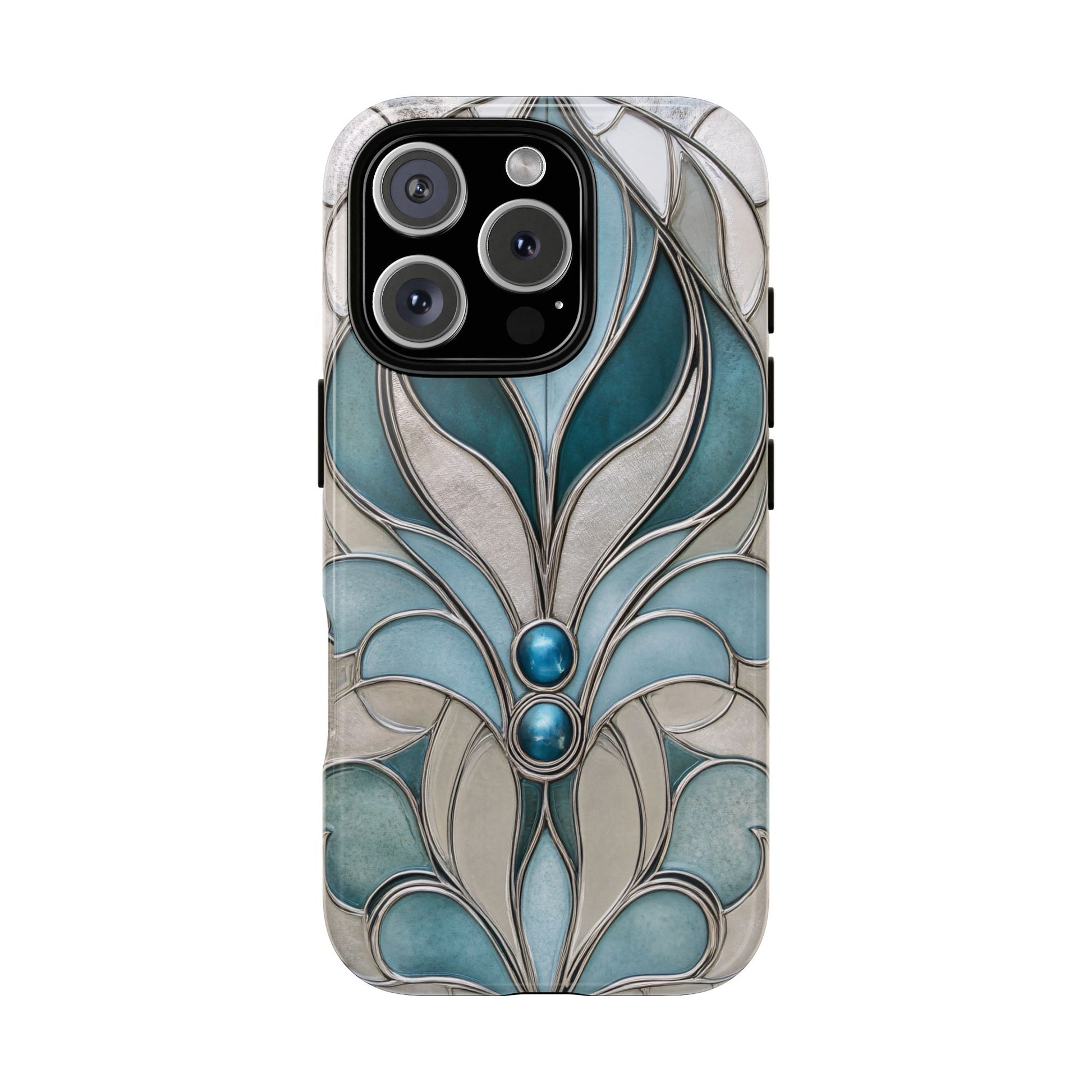 Shop a luxurious Art Deco aquamarine stained glass phone case inspired by vintage elegance and Art Nouveau design. Durable, protective, and stylish case for iPhone, Samsung Galaxy, and Google Pixel. Perfect aesthetic gift for lovers of timeless design