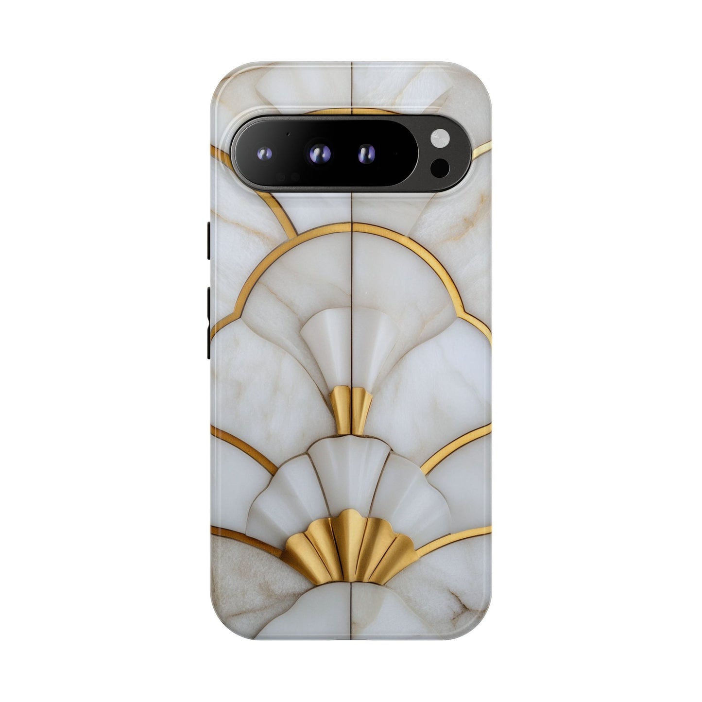 Art Deco marble gold phone case with geometric fan pattern luxury neutral aesthetic design for iPhone Samsung and Pixel