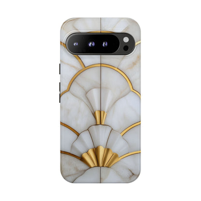 Art Deco marble gold phone case with geometric fan pattern luxury neutral aesthetic design for iPhone Samsung and Pixel