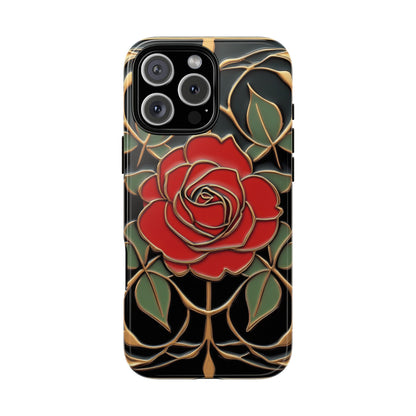 Phone case with a red rose design on a black background. Art Nouveau red rose phone case with gold detailing on black background luxury floral aesthetic for iPhone Samsung and Pixel