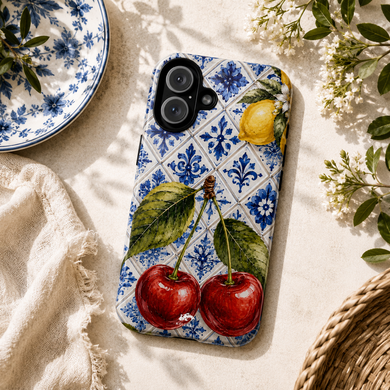 Cherry Phone Case, Portuguese Tile iPhone Case, Mediterranean Fruit Cover, Azulejo Samsung Galaxy Case, Botanical Pixel Case