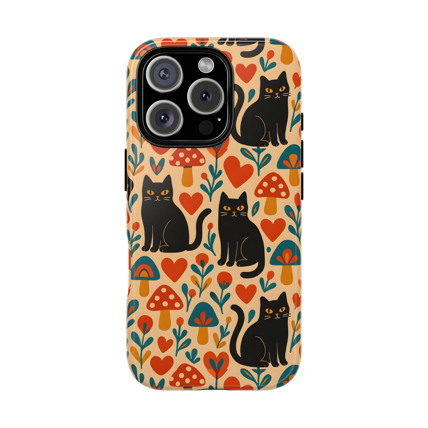 Cute boho black cat phone case with mushrooms hearts and floral pattern cottagecore aesthetic for iPhone Samsung and Pixel