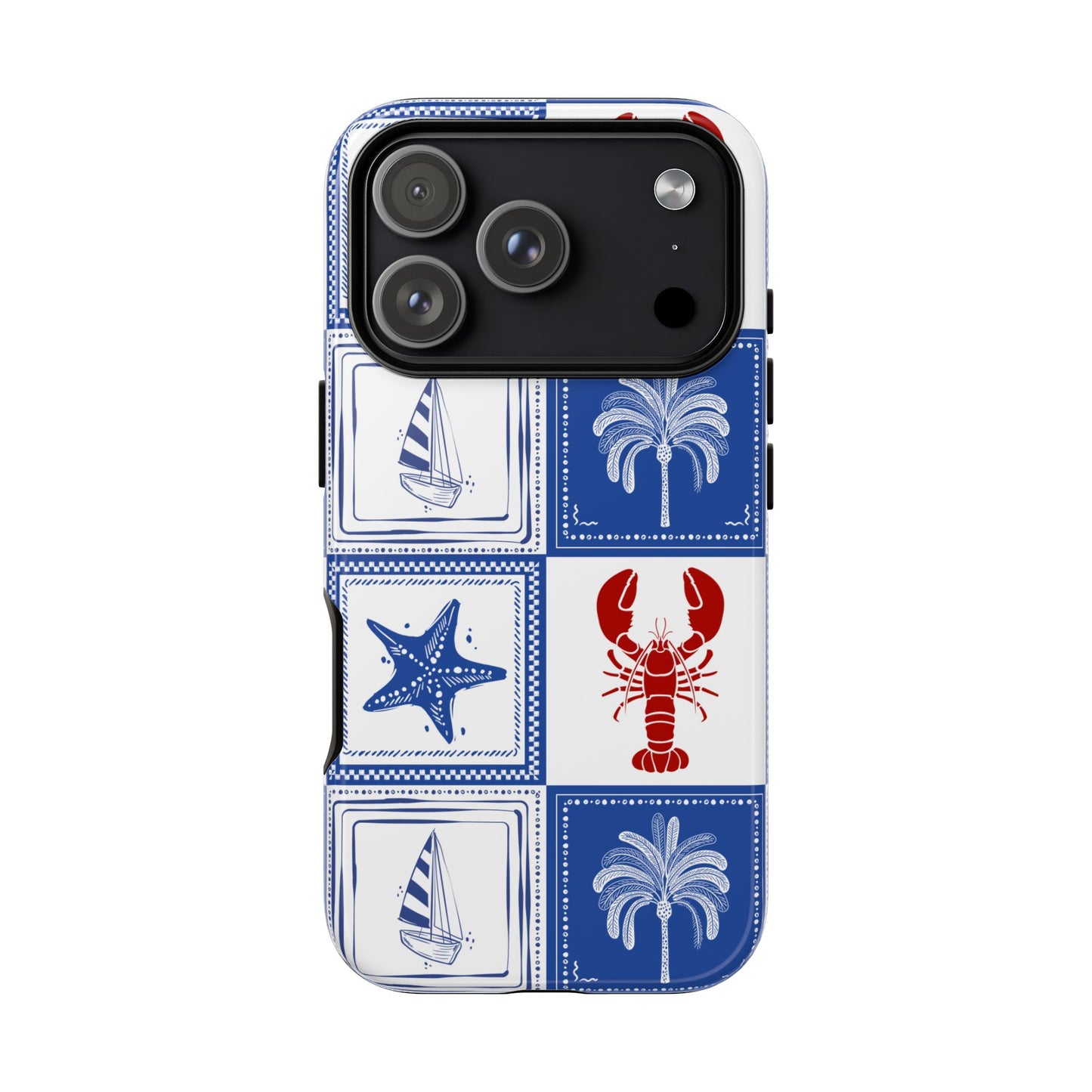Coastal tile phone case with lobster sailboat and blue white nautical pattern Mediterranean summer aesthetic for iPhone Samsung and Pixel