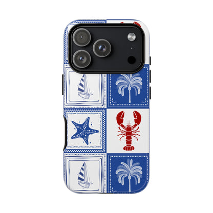 Coastal tile phone case with lobster sailboat and blue white nautical pattern Mediterranean summer aesthetic for iPhone Samsung and Pixel