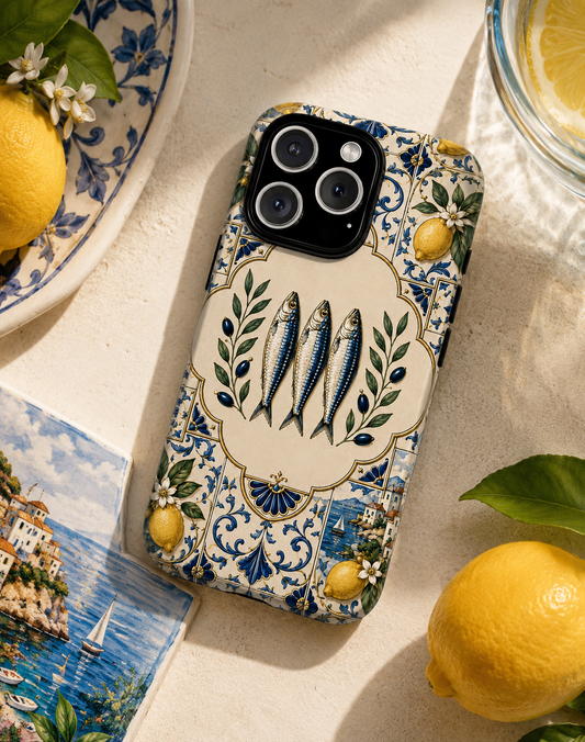 Mediterranean Sardine Phone Case – Portuguese Tile Lemon Coastal Tough Case