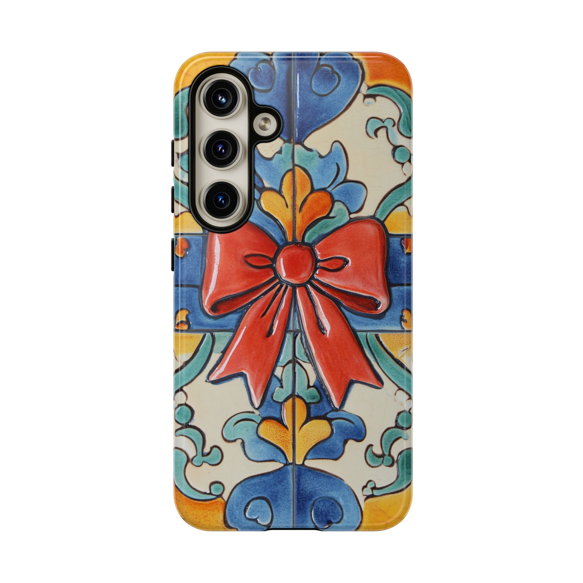 Colorful bow phone case with Portuguese tile floral pattern vibrant girly aesthetic for iPhone Samsung and Pixel