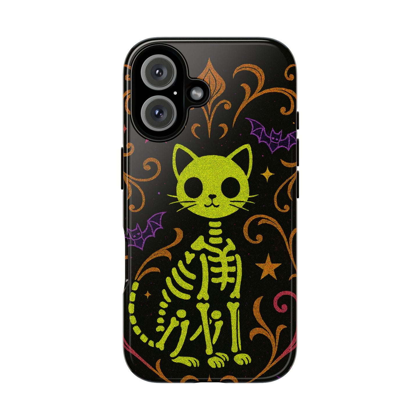Halloween cat skeleton phone case with neon design bats and stars cute spooky aesthetic for iPhone Samsung and Pixel
