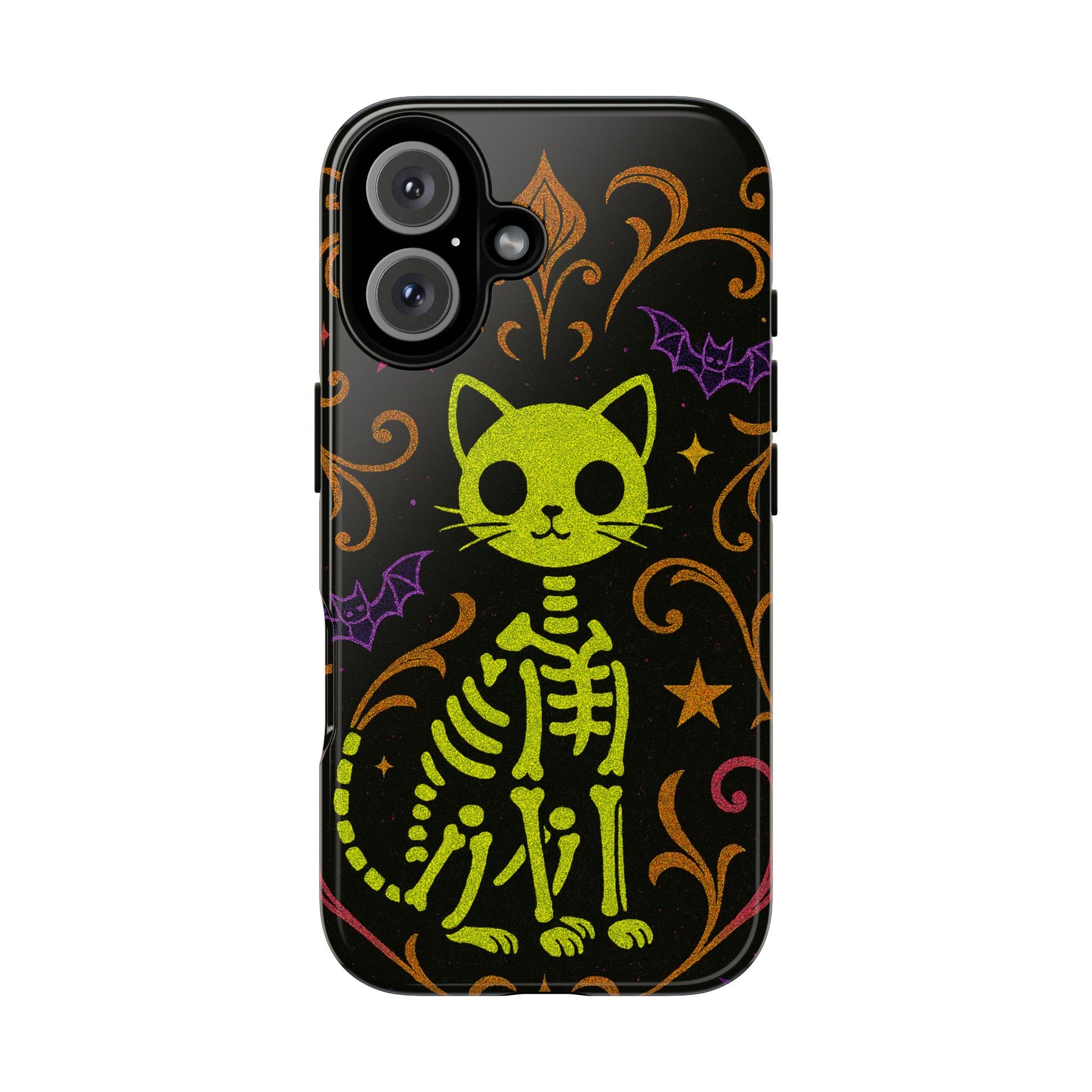 Halloween cat skeleton phone case with neon design bats and stars cute spooky aesthetic for iPhone Samsung and Pixel
