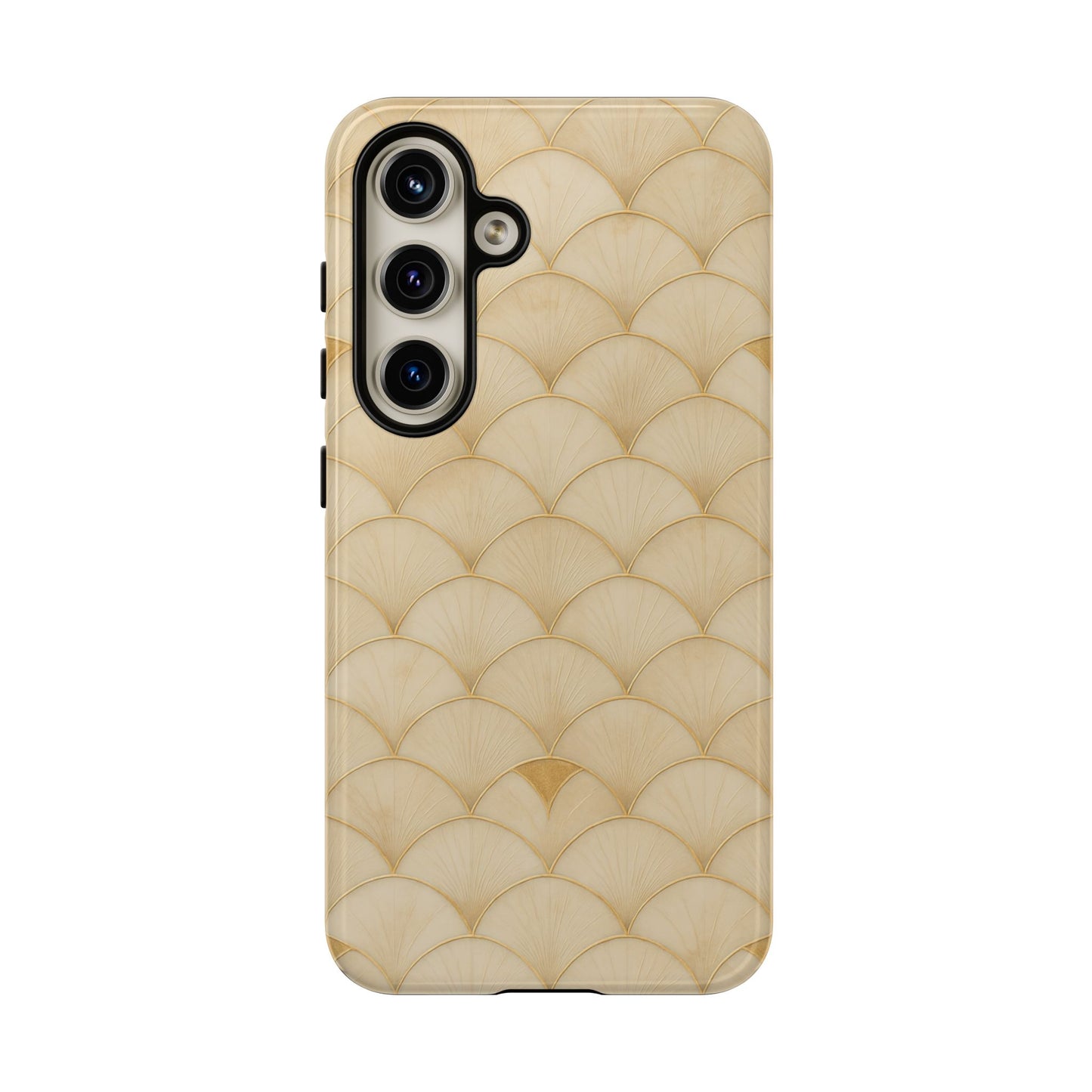 Minimalist beige phone case with Art Deco scallop pattern and gold lines neutral luxury aesthetic for iPhone Samsung and Pixel