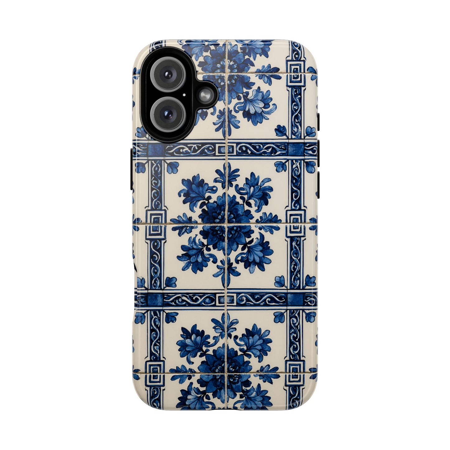 Portuguese azulejo tile phone case with blue and white floral ceramic pattern Mediterranean aesthetic for iPhone Samsung and Pixel