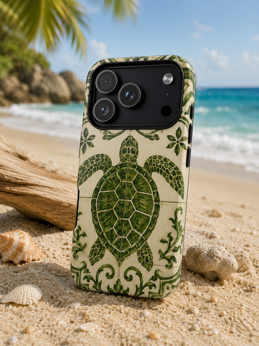 Green Azulejo Sea Turtle Phone Case | Portuguese Tile Coastal iPhone & Samsung Case