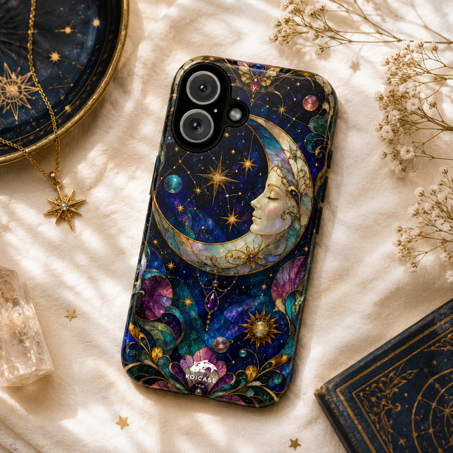 Celestial Crescent Moon Phone Case, Whimsical Stained Glass Art Nouveau Cover, Mystic Galaxy iPhone Samsung Galaxy Case, Cosmic Pixel Case