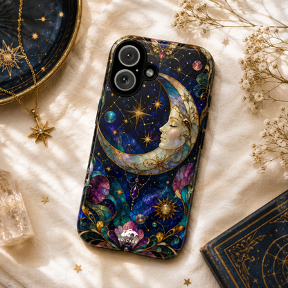 Celestial Crescent Moon Phone Case, Whimsical Stained Glass Art Nouveau Cover, Mystic Galaxy iPhone Samsung Galaxy Case, Cosmic Pixel Case